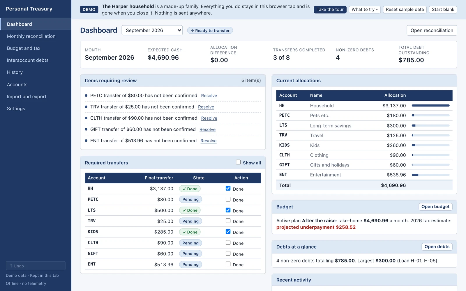 Personal Treasury dashboard showing fictional household finances, transfers, and account allocations.